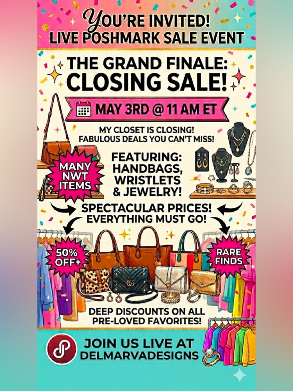 Closet closing live sale! Hundreds of bags, wallets and jewelry. Lowest prices!